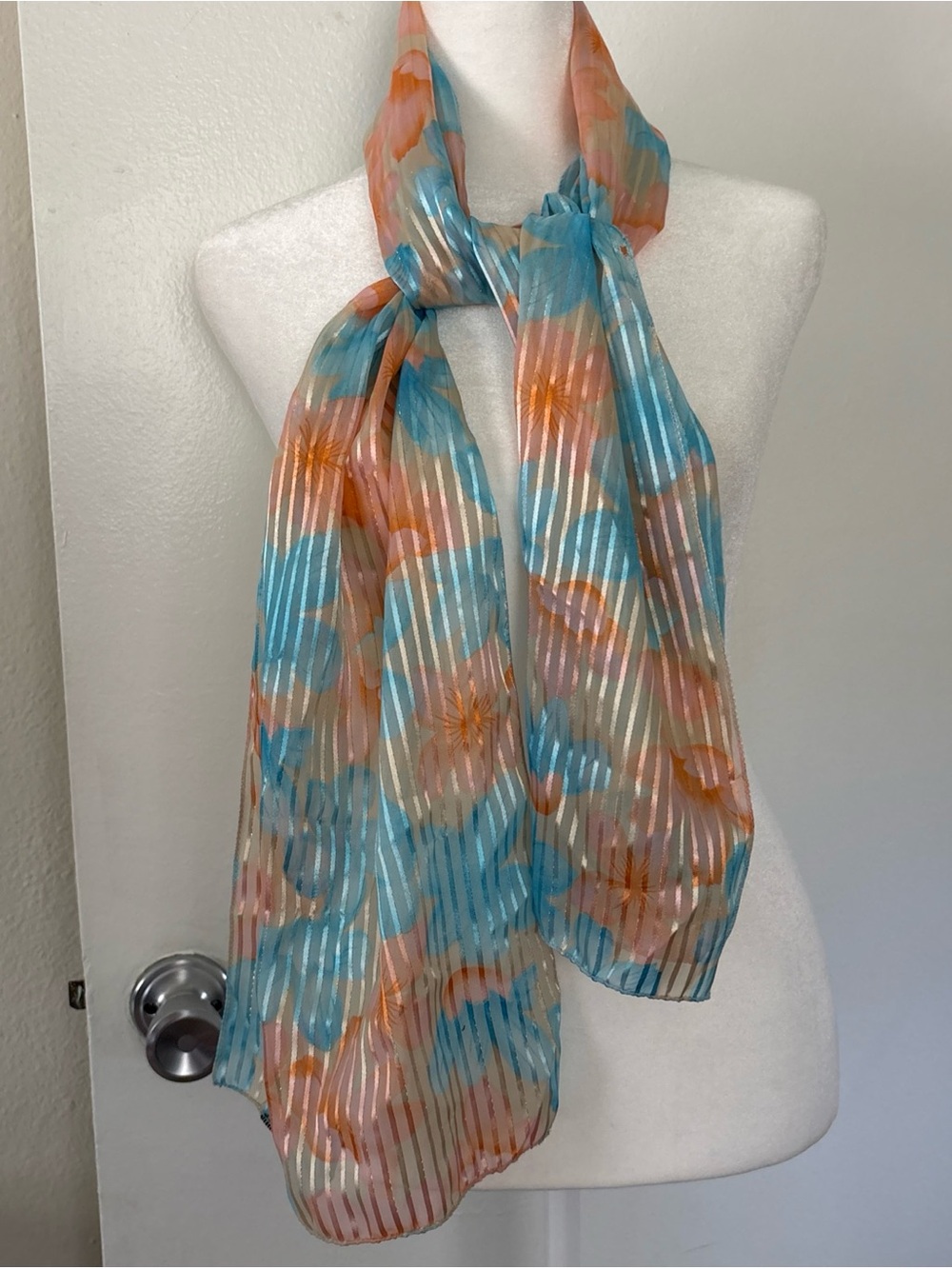 Vtg Korean Silk Feel Scarf Sheer Floral Turquoise Peach Gold Stripe 60x13